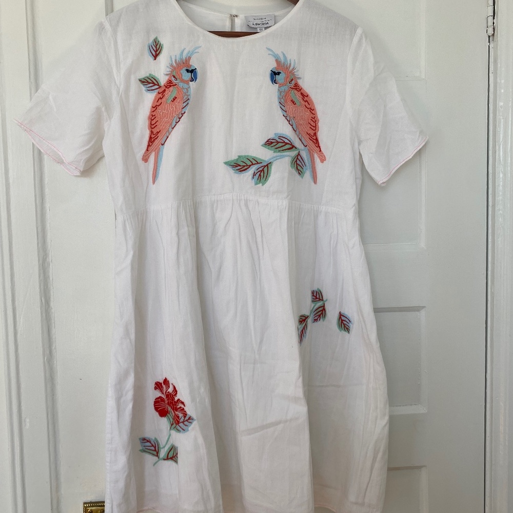 White Embroidered Parrot Cotton Dress